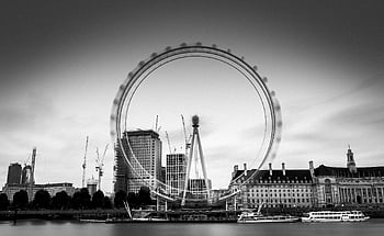 London Eye, Themsen, svartvitt, lång exponering, stadsarkitektur, landmärken, stadsbild, pariserhjul, london, horisont, båtar