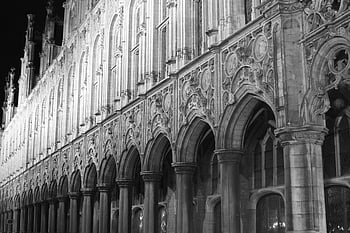 fotografie ve stupních šedi, oblouky, gotická architektura, doge palác, Benátky, Černý a bílý, Podrobná architektura, historické budovy, noční fotografie, Evropské památky, benátské architektury