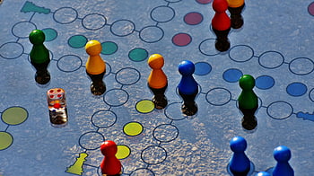 Blue and Yellow Board Game, colorful board game, pawns, dice, family fun, close-up, game pieces, board games, family games, colorful games, game board