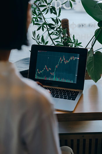 Geschäftsperson, Laptop, Aktienmarkt, Grafiken, Innenumgebung, Geschäftsthemen, Finanzierthemen, Daten analysieren, Büroumgebung, Finanzanalyse, Handelsdiagramme