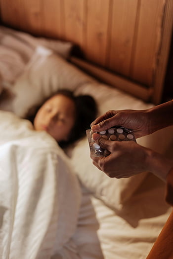 mother, sick daughter, pills, bed, care, blister pack, medication, health, family, bedroom, comfort