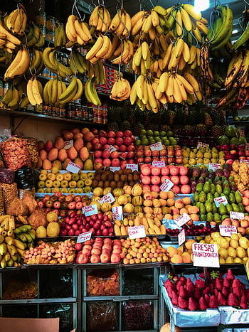 rozmanité ovoce, ovocný stojan, Vibrující ovoce, čerstvé ovoce, stání na trhu, zdravé možnosti, banány, jahody, ananas, jablka, manga