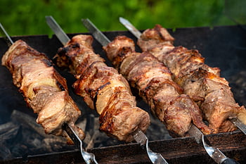 shish kebab, maso, pánev, špejle, výživa, smažení, uhlí, piknik, gril, masové špejle, grilované maso