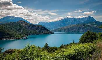 lake, mountains, reservoir, panorama, blue-green Water, nature, landscape, large Water Reservoir, cloudy Sky