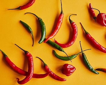 červené papriky, zelené papriky, žluté pozadí, chilli papričky, zářivé barvy, Pikantní lákadlo, čerstvé papriky, červené chilli, zelené chilli, pepř šíří, žlutý povrch