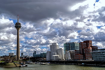 zollhof, gehry, dusseldorf, media Harbour, germany, television Tower, building, urban, rheinturm, city, modern