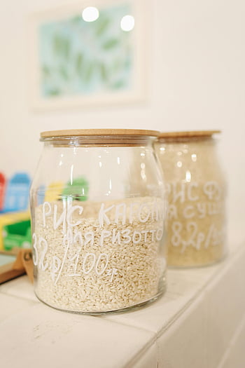 clear glass jar, ingredients, eco-friendly, glass jars, rice, zero waste, storage solutions, kitchen organization, sustainable living, food storage, pantry organization