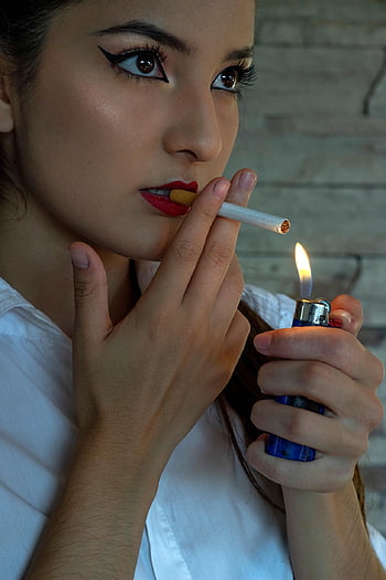 woman, cigarette, lighter, tobacco, fire, smoking, concentration, addiction, mouth, look, eyes