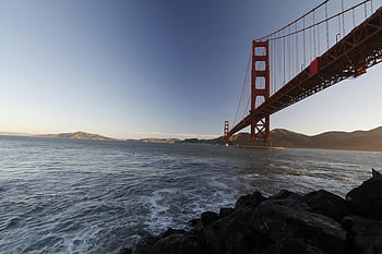 Golden Gate Bridge, San Francisco Bay, sunset, majestic architecture, iconic view, water, bridge, landscape, California, travel, tourism