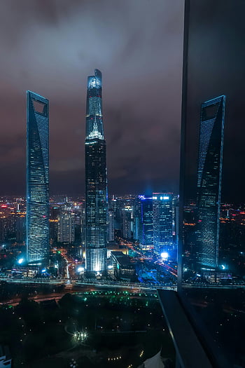 Shanghai Financial Tower, China, illuminated skyscrapers, modern architecture, Shanghai skyline, night view, urban landscape, city lights, high-rise buildings, financial district, Shanghai cityscape