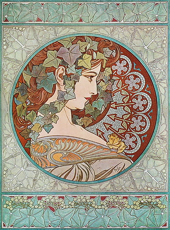 Alphonse Mucha, 아르누보, 핀업, 높은 해상도, Le Lierre, 여자 이름, 1901 년, Mucha dedicated 앨범, 고품질 스캔, 장식 예술, 플로랄 디자인