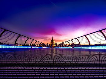 London, Millennium Bridge, St. Paul's Cathedral, sunset, purple foot bridge, cityscape, urban view, landmark, architecture, evening, skyline