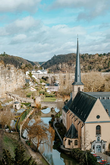 město Lucemburk, opatství kláštera, letecký pohled, panoráma města, Příroda, Lucembursko, kostel, architektura, řeka, městské krajiny