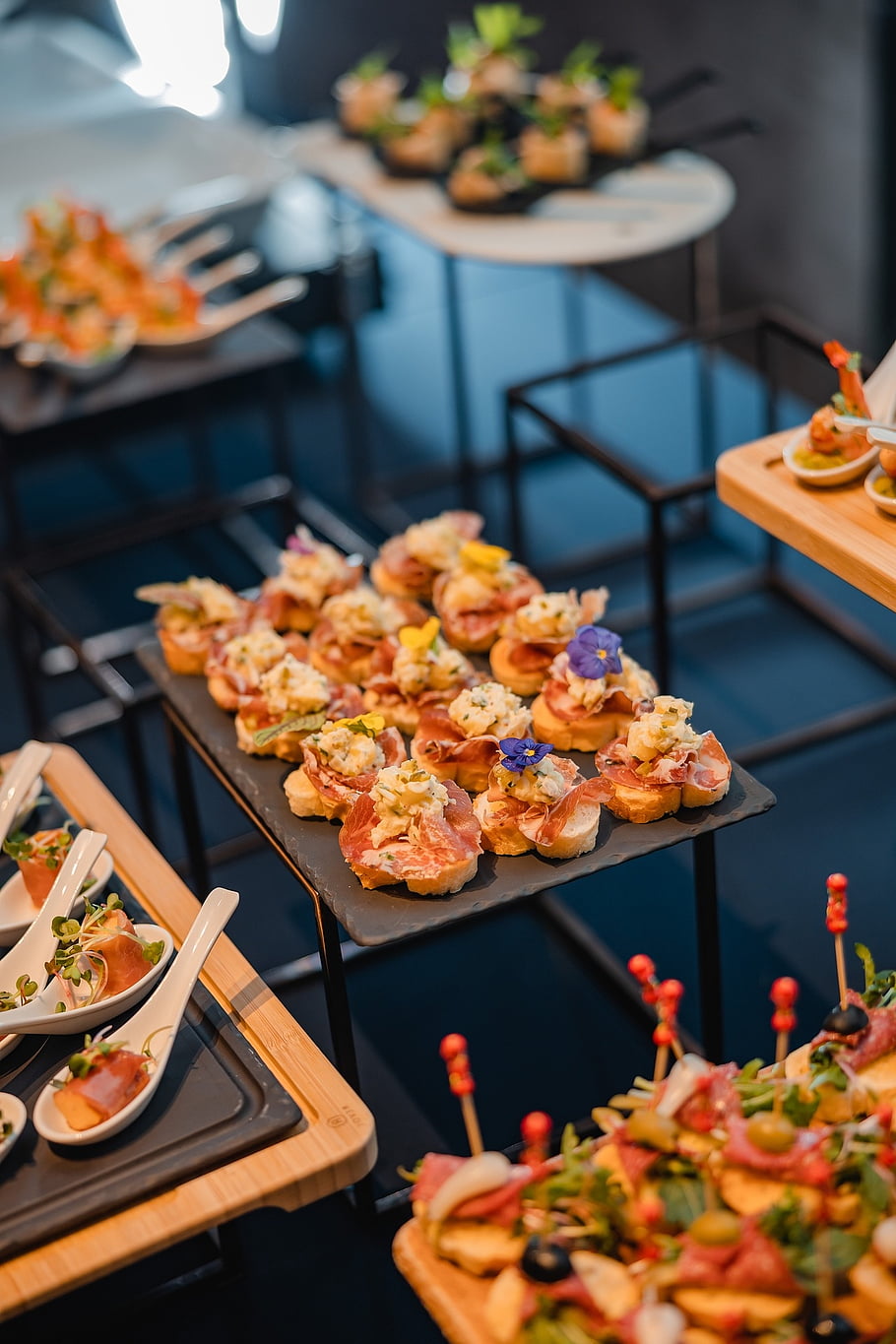 food, seafood, shrimp, canapes, snack, spoon, finger Food, buffet
