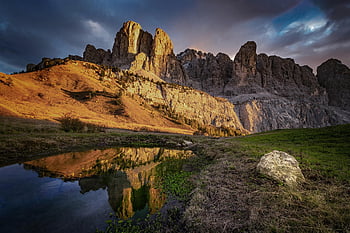 dolomity, gardena pass, jezero, passo gardena, hory, krajina, západ slunce, rybník, Itálie, Příroda