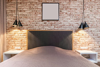 bedroom interior, brick wall, contemporary bedroom, pendant lights, minimalist design, bed, home, modern bedroom, interior design, cozy bedroom, stylish bedroom