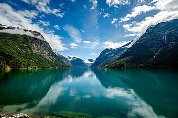 lago, lovatnet, Norvegia, fiordo, natura, montagne, acqua, riflessione, nuvole, cielo, bellissimo