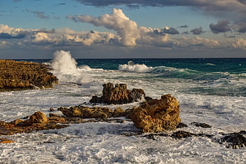mare, onde, spiaggia, costa rocciosa, natura, cielo, nuvole, orizzonte, ventoso, paesaggio, ayia napa