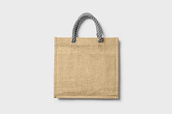 hnědá taška, šedá rukojeť, bílý povrch, jutová taška, kliky lana, ekologicky uvědomělý branding, čisté pozadí, jednoduchý design, Ekologická taška, tote bag, bílé pozadí