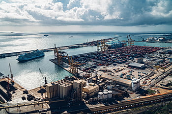 cargo containers, Barcelona port, aerial view, cranes, cruise ship, shipping port, industrial port, maritime logistics, container terminal, port infrastructure, sea port