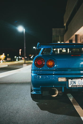 Nissan Skyline GT-R, πίσω όψη, μπλε αυτοκίνητο, άδειο δρόμο, νύχτα σκηνή, αστική κουλτούρα του δρόμου, σχεδιασμός αυτοκινήτων, πίσω φώτα, φθείρων, εξάτμιση, πινακίδα κυκλοφορίας