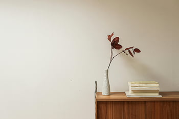 ceramiczny wazon, książki, drewniany stół, minimalistyczne wnętrze, suszone liście, projektowanie wnętrz, wystrój domu, Prosty wystrój, nowoczesny wystrój, biały wazon, stos książek