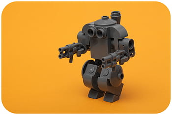 Lego, robot, Edward, Arma di difesa della Terra, Design robotico avanzato, Canone 100mm, moc, giocattolo, pistole, sfondo arancione, nero