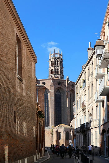 ulice, kostel, památník, architektura, historický, gotický, 1200s, toulouse, occitania, Francie, cihly