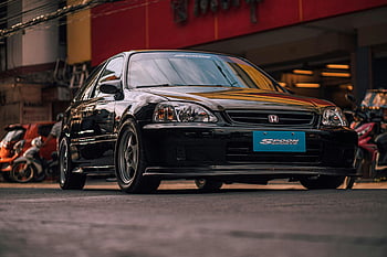 Black Honda Civic, Lžíce Sports, sportovní auto, ulice, černé auto, honda civic, Detaily lžíce, zaparkované auto, městském prostředí, Automobiloví nadšenci, Sportovní auto Spoon