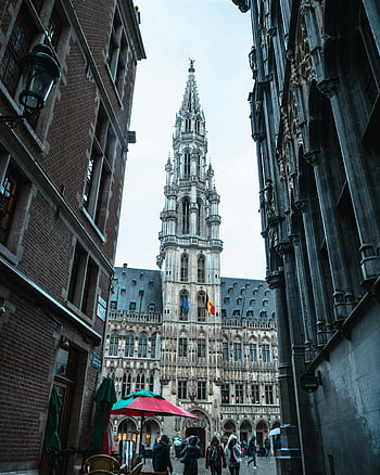 Gothic architecture, Town Hall, Grand Place, Brussels, Belgium, building, spire, historic, European, cityscape, flags
