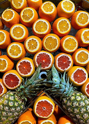 과일 성분, 얇게 썬 오렌지, 그레이프 후르츠, 파인애플, 생생한 과일 패턴, 대칭적인 견해, 화려한 배열, 평면도, 과일 배치, 신선한 과일, 과일 디스플레이