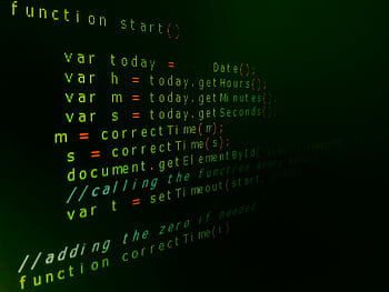 Cod JavaScript, ecranul computerului, text verde, sintaxă evidențierea, a închide, limbaj de programare, pornirea funcției, document.getElementById, Funcția corectă, SetTimeout, fragment de cod