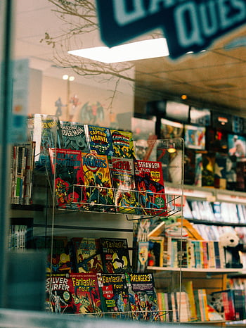 comic books, store window, Atlanta, GA, USA, colorful comics, Marvel comics, Avengers, Captain Marvel, Black Panther, Strange Tales