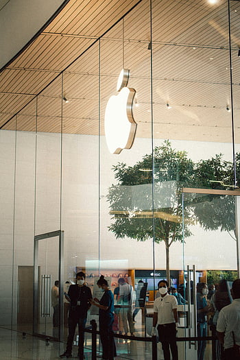 jablko logo, architektura skla, Apple obchod, Bangkoku, vchod, lidé, strom, interiér, moderní design, obchod přední