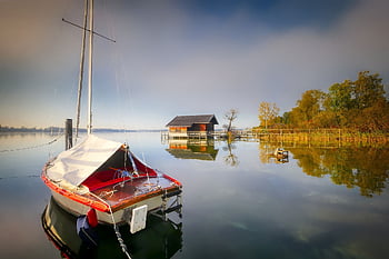 lake, boat, house, boat House, sailboat, sailing Boat, dock, calm Waters, mirroring, reflection, water Reflection