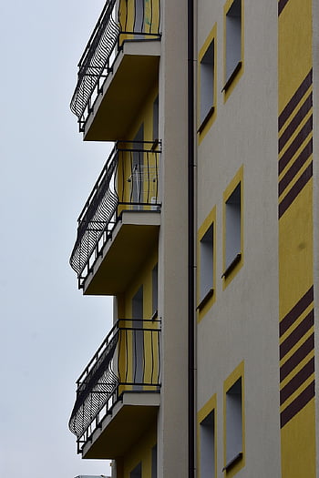 budova, fasáda, Blokový balkon, byt, obytný, balkony, zábradlí, město, městský