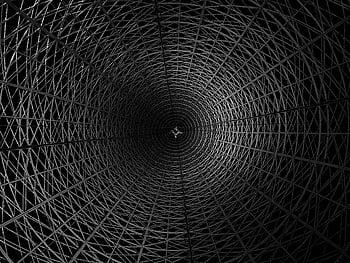 futuristic tower, low angle view, geometric lattice, black and white, symmetrical focus, architectural design, modern architecture, interior view, abstract structure, tunnel effect, symmetry