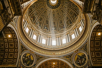 St. Peter's Basilica, ornamental dome, grand cathedral, intricate frescoes, architectural details, interior view, stunning dome, religious art, Vatican City, historical architecture, Catholic church
