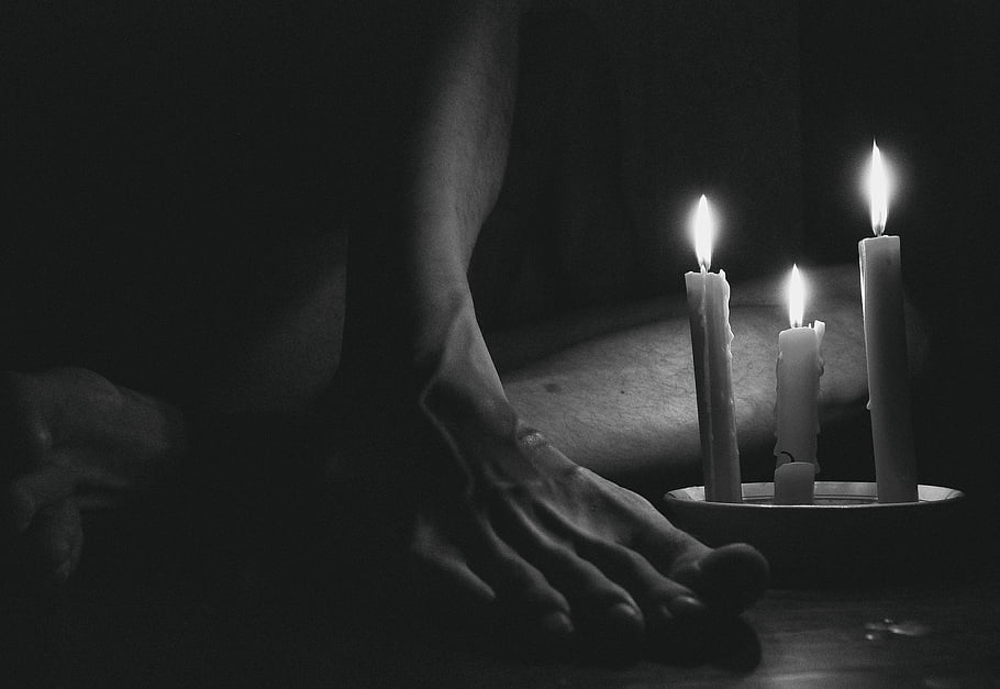 man, feet, candles, legs, male, young Man, candlelights, burning Candles, black And White, monochrome