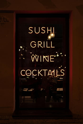 neonový nápis, sushi, gril, víno, koktejly, noc, řeřavý, restaurace, bar, vývěsní štít, neonové světlo