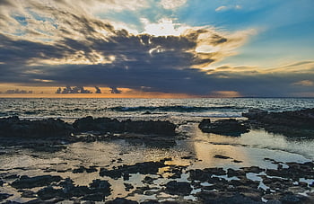skalnaté pobřeží, moře, západ slunce, odpoledne, Příroda, krajina, nebe, mraky, horizont, scenérie, ayia napa