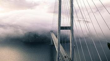 šedý most, Most pokrytý mlhou, visutý most, kabelů, pohled na oceán, dramatický pohled, voda, mlha, krajina, architektura, infrastruktura