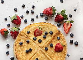 pancakes, strawberries, blueberries, crepes, fresh berries, white table, mouth-watering, breakfast, fruit toppings, sweet dessert, healthy meal