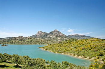 Spagna, andalusia, Provincia di Cadice, Reservoir Zahara-El Gastor, serbatoio, zahara de la sierra, El Gasto, acqua, paesaggio, montagne, collina