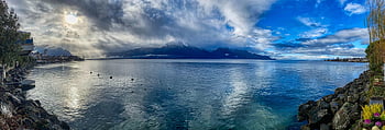 jezero, voda, nebe, mraky, hora, odraz, záliv, jezero Ženeva, montreux, hd tapetu, švýcarsko