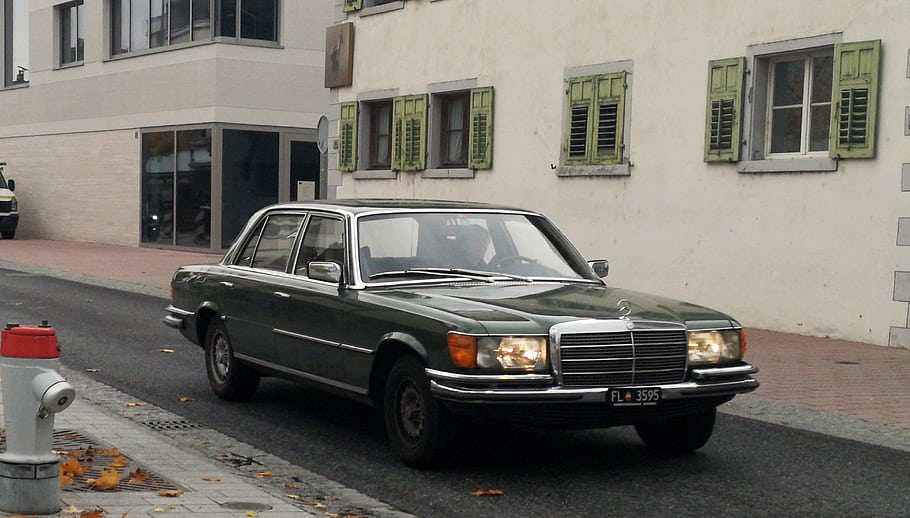 mercedes, 450, sel, klasický, auto, sedan, vinobraní, automobil, ulice, zaparkováno, budova