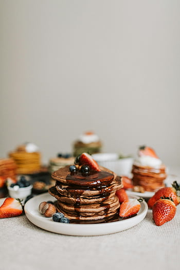 pancakes, chocolate pancakes, fresh strawberries, blueberries, breakfast, close-up shot, delicious pancakes, stack of pancakes, berries, perfect breakfast, pancake stack