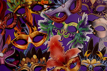 Masky Mardi Gras, Barevné masky, Složité detaily peří, mardi gras pozadí, Slavnostní masky, dekorativní masky, karnevalové masky, fialové pozadí, ozdobené masky, maškarní masky, Feathered masky