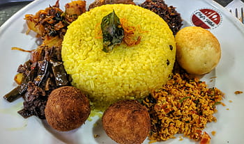 Sri lankais, Île paradisiaque, spécial, riz jaune, curry, articles frits, assiette, aliments, traditionnel, repas, plat