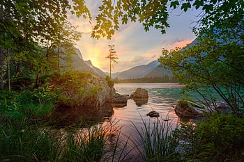 lago, alba, montagna, tramonto, sereno, natura, riflessione, tranquillo, calmo, vivace, paesaggio, scenario